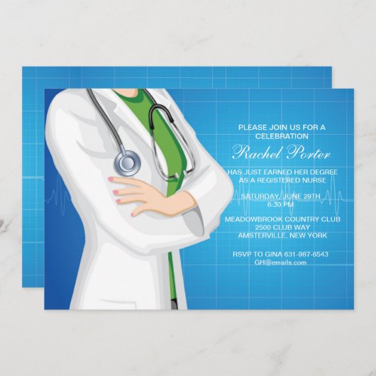 Verpleegster op dienst Afstuderen Uitnodiging (Voorkant / Achterkant)