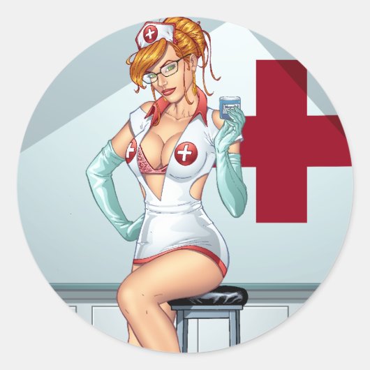 Verpleegster Pin-up Art Red Head Art van Al Rio Ronde Sticker (Voorkant)