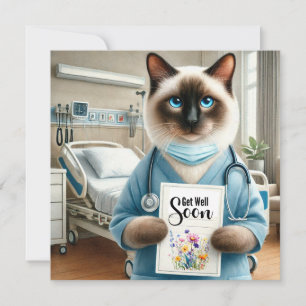 Verpleegster poes met bloem en kaart met beterscha