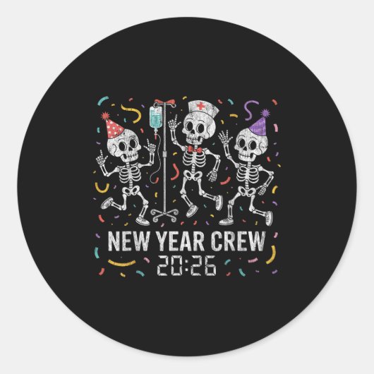 Verpleegster skelet nieuwjaarscrew 2026 grappige E Ronde Sticker (Voorkant)