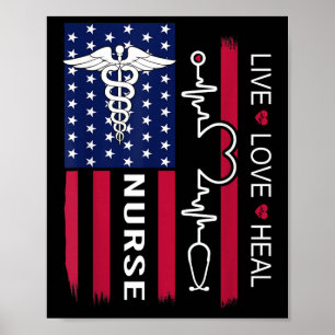 Verpleegster Stethoscoop Hartslag Amerikaanse Vlag Poster