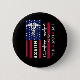 Verpleegster Stethoscoop Hartslag Amerikaanse Vlag Ronde Button 5,7 Cm