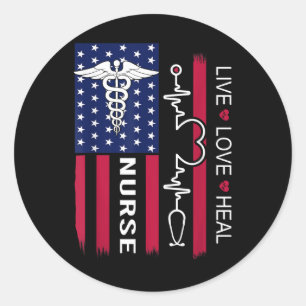Verpleegster Stethoscoop Hartslag Amerikaanse Vlag Ronde Sticker