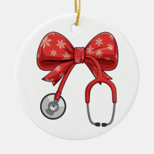 Verpleegster Stethoscoop Kerst Boog Coquette Meisj Keramisch Ornament
