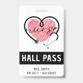 Verpleegster Stethoscoop Roze Hart Witte Hall Pass Badge (Front)