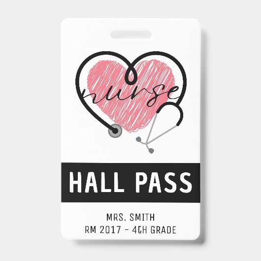 Verpleegster Stethoscoop Roze Hart Witte Hall Pass Badge (Front)