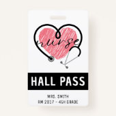Verpleegster Stethoscoop Roze Hart Witte Hall Pass Badge (Voorkant)
