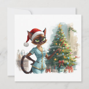 Verpleegster versiert kerstboom in ziekenhuis feestdagenkaart