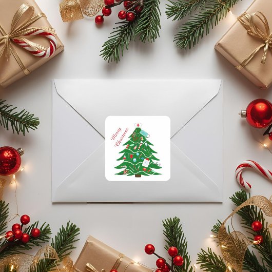 Verpleegster Vrolijk Kerstboom Vierkante Sticker