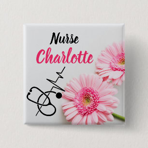 Verpleegsters Aangepaste Naam Roze Daisy Bloemig Vierkante Button 5,1 Cm