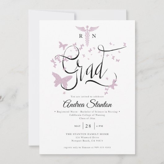 Verpleegsters Afstudeer Roze Vlinders Afstudeer Ca Kaart (Voorkant)
