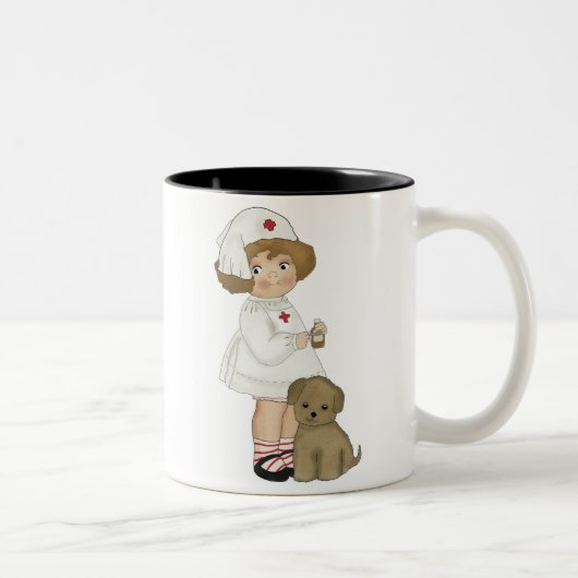  verpleegsters met puppy T-shirts en cadeautjes Tweekleurige Koffiemok (Rechts)