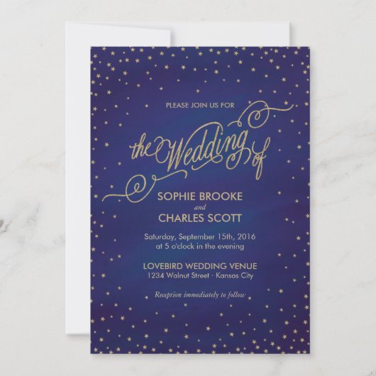 Verpletterde Stars Blue & Gold Fairytale Wedding Kaart (Voorkant)