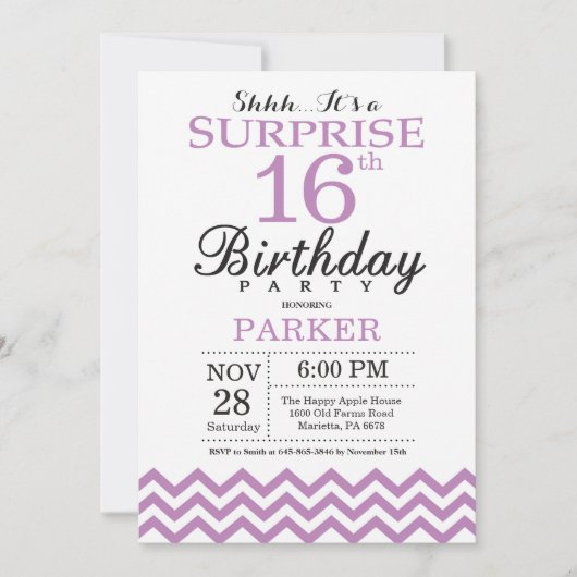 Verras 16e verjaardag Uitnodiging Paars Chevron (Voorkant)