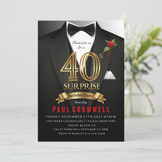 Verras 40e verjaardag Tuxedo Uitnodiging (Staand voorkant)