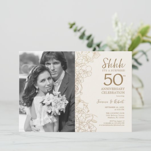 Verras 50ste Jubileum met foto - Gouden Bloemen Kaart (Staand voorkant)