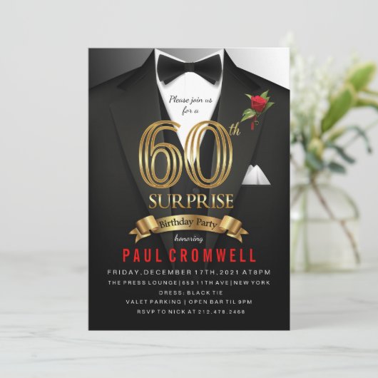 Verras 60e verjaardag Tuxedo Uitnodiging (Staand voorkant)