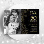 Verras het 50ste Jubileum met Photo Black Gold Kaart<br><div class="desc">Verras het 50ste Jubileum met foto - Black Gold Floral Invitation. Modern ontwerp met botanische contourtekeningen,  accenten en lettertype voor typografie. Eenvoudige trendy uitnodigingskaart perfect voor een stijlvol huwelijksjubileum. Kan worden aangepast aan de jaren van het huwelijk. Gedrukte Zazzle-uitnodigingen of direct download digitale afdrukbare sjabloon.</div>