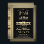 Verras Pensioen Partij Shhh! Elegant zwart goud Save The Date<br><div class="desc">Kun je een geheim bewaren? Nodig collega's, collega's, familie en vrienden uit voor een elegante en opwindende verrassingsviering met aangepaste zwarte en faux-gouden folie om de uitnodigingen voor het datumfeest op te slaan. Alle bewoordingen op deze sjabloon zijn eenvoudig te personaliseren, inclusief een bericht met de tekst "Shhh! Het is...</div>