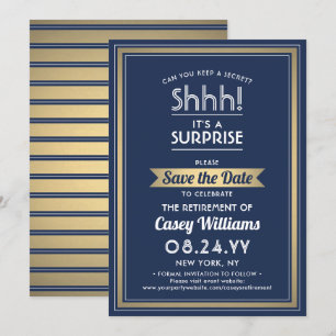 Verras Pensioen Partij Shhh! Marine blauw & goud Save The Date