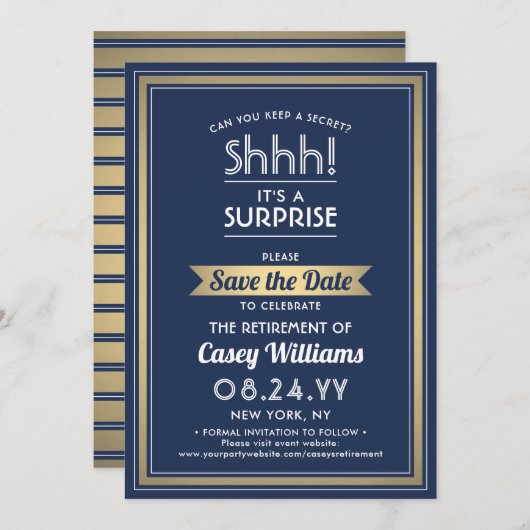 Verras Pensioen Partij Shhh! Marine blauw & goud Save The Date (Voorkant / Achterkant)