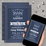 Verras Pensioen Partij Shhh! Marine Blauw & Wit Save The Date<br><div class="desc">Kun je een geheim bewaren? Nodig collega's, collega's, familie en vrienden uit voor een elegante en spannende verrassende pensioenviering met aangepaste marineblauw en wit om de uitnodigingen van het datumfeest te bewaren. Alle bewoordingen op deze sjabloon zijn eenvoudig te personaliseren, inclusief een bericht met de tekst "Shhh! Het is een...</div>