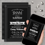 Verras Pensioen Partij Shhh! Zwart-Wit Save The Date<br><div class="desc">Kun je een geheim bewaren? Nodig collega's, collega's, familie en vrienden uit voor een elegante en spannende verrassende pensioenviering met aangepaste zwart-wit bewaar de uitnodigingen voor het datumfeest. Alle bewoordingen op deze sjabloon zijn eenvoudig te personaliseren, inclusief een bericht met de tekst "Shhh! Het is een verrassing." Het ontwerp is...</div>