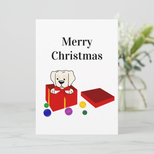 Verras Puppy in een rode geschenkdoos Kerstmis Feestdagenkaart (Staand voorkant)