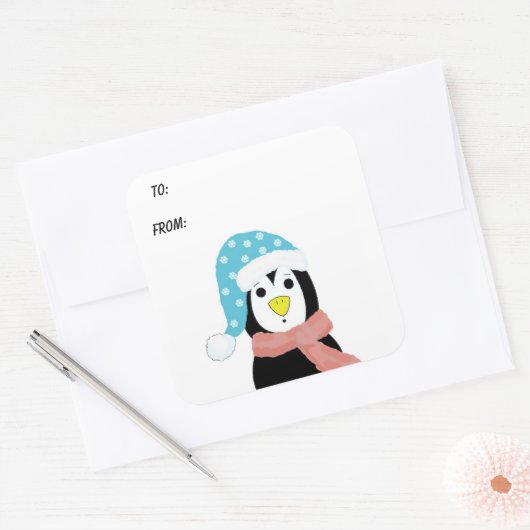 Verrassde pinguïn vierkante sticker (Envelop)