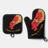 Verrassde Rooster Custom Tekst Grappig Ovenwant & Pannenlap Set (Voorkant)