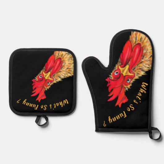 Verrassde Rooster Custom Tekst Grappig Ovenwant & Pannenlap Set (Voorkant)