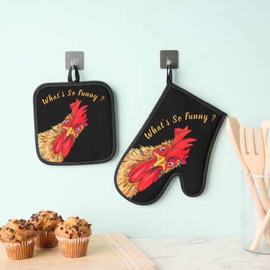 Verrassde Rooster Custom Tekst Grappig Ovenwant & Pannenlap Set (Insitu(Ophanging))