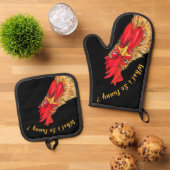 Verrassde Rooster Custom Tekst Grappig Ovenwant & Pannenlap Set (Top down)