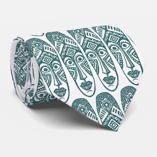 Verrassde Tiki maskers - Moss Green on White Stropdas (Opgerold)