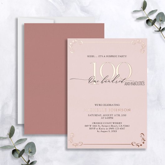 Verrassend 100 & Fabulous Pink Rose Gold-dag Folie Uitnodiging