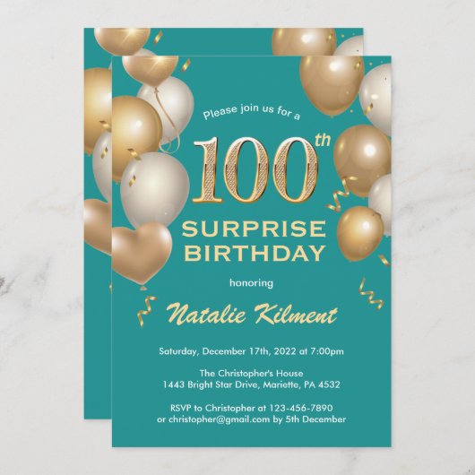 Verrassend 100e verjaardag Blauwgroen en gouden ba Kaart (Voorkant / Achterkant)