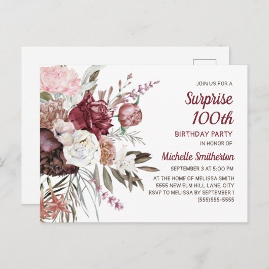 Verrassend 100e verjaardag Burgundy Blush Pink Flo Briefkaart (Voorkant / Achterkant)