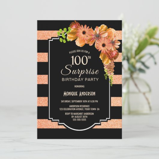 Verrassend 100e verjaardag gestreept Oranje Floral Kaart (Staand voorkant)