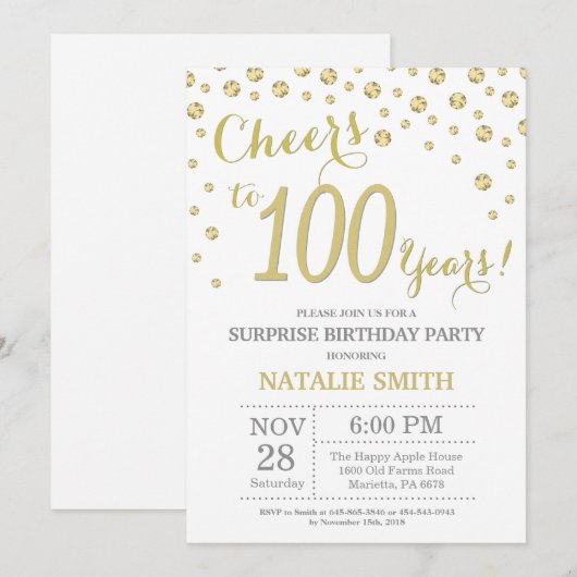 Verrassend 100e verjaardag Gold Glitter Diamond Kaart (Voorkant / Achterkant)