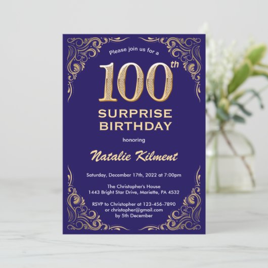 Verrassend 100e verjaardag Navy Blue en Gold Glitt Kaart (Staand voorkant)