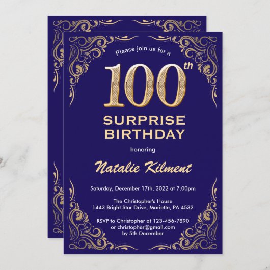 Verrassend 100e verjaardag Navy Blue en Gold Glitt Kaart (Voorkant / Achterkant)