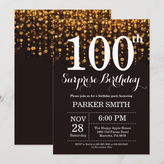Verrassend 100e verjaardag Uitnodiging Gold Glitte (Voorkant / Achterkant)
