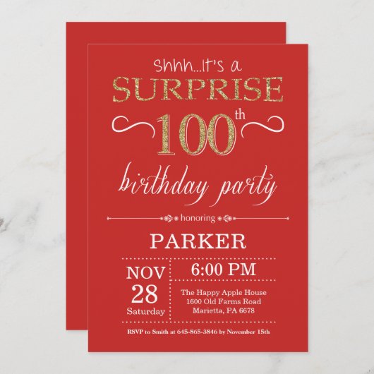 Verrassend 100e verjaardag Uitnodiging rood en gou (Voorkant / Achterkant)