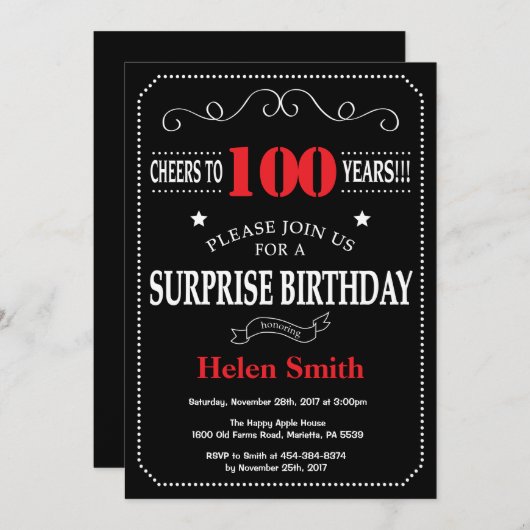 Verrassend 100e verjaardag Uitnodiging rood en zwa (Voorkant / Achterkant)