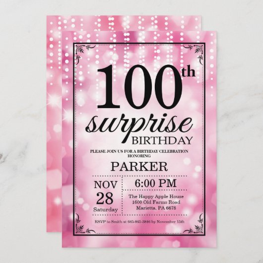 Verrassend 100e verjaardag uitnodiging roze glitte (Voorkant / Achterkant)