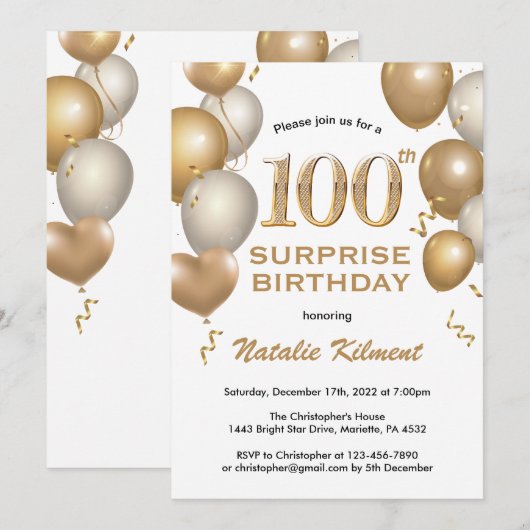 Verrassend 100e verjaardag Witte en gouden ballonn Kaart (Voorkant / Achterkant)