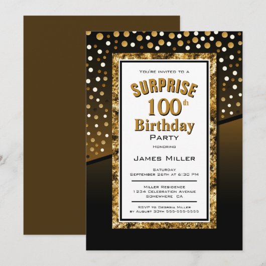 Verrassend 100e verjaardag zwart en goud kaart (Voorkant / Achterkant)