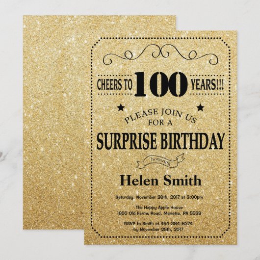 Verrassend 100e verjaardag zwart en goudglitter kaart (Voorkant / Achterkant)