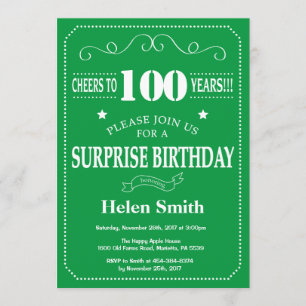 Verrassend 100th Birthday Invitation Green en Whit Kaart