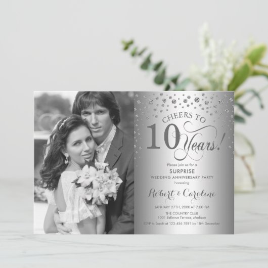 Verrassend 10e Jubileum met Photo Silver Black Kaart (Staand voorkant)